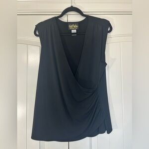 Bob Mackie “Wearable Art” Black, Wrap Style Sleeveless Top w/Ruching. Size Large